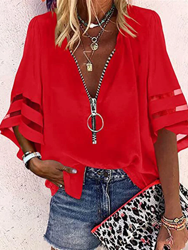 Women's Casual Lace Patchwork Flared Mesh Sleeve Zipper V-Neck Blouse T-Shirt