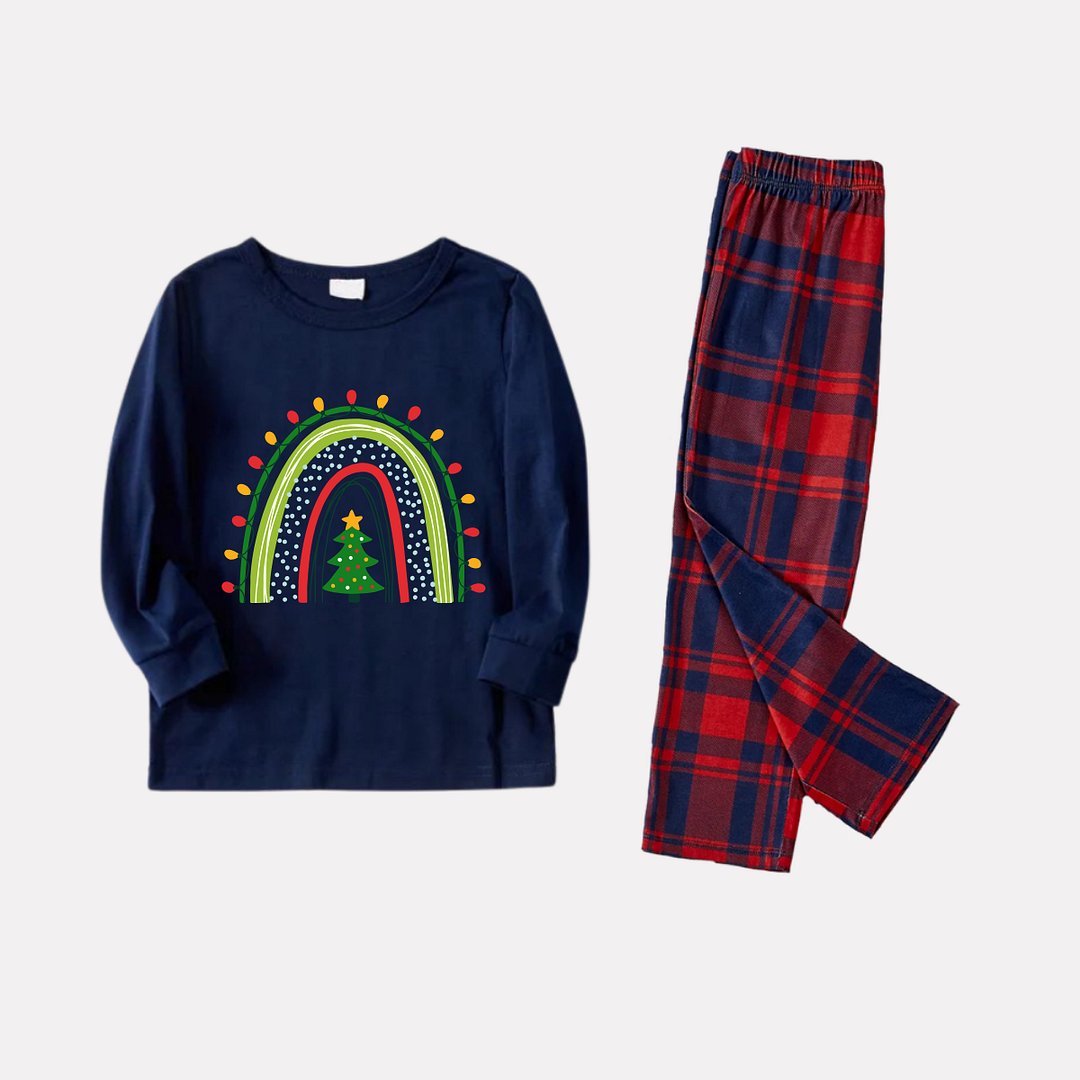 Christmas Light and Tree Prints Blue Long Sleeves Top with Red & Blue Plaid Pants Family Matching Pajamas