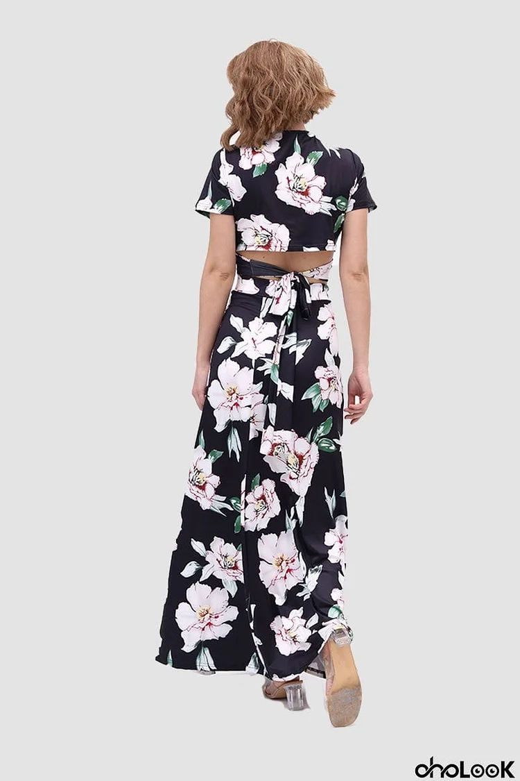 V Neck Floral Printed Side Slit Two-Piece Dress