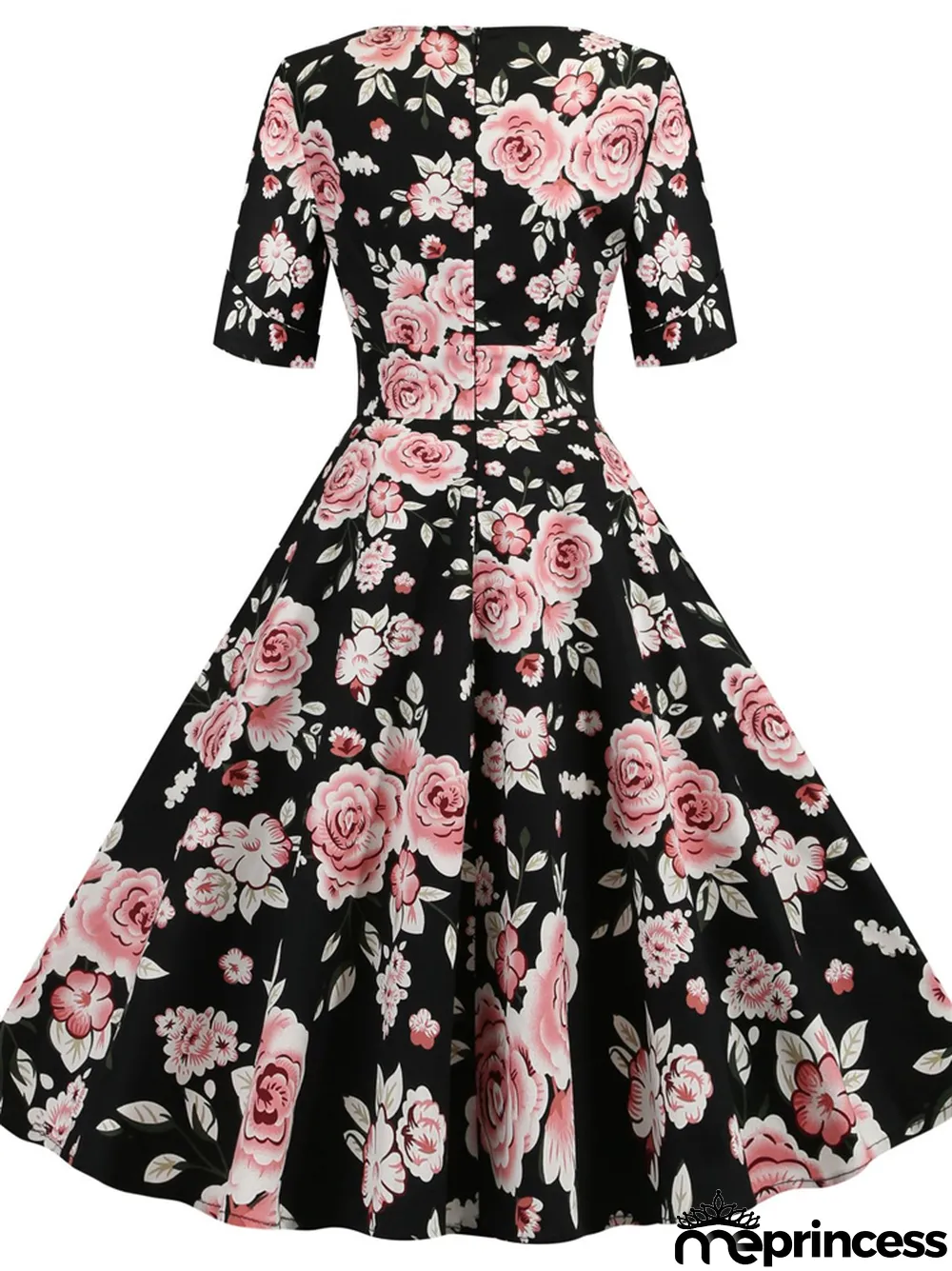 New Hepburn Vintage Cotton Floral Print Flower Dress Casual Short Sleeve Retro 50s 60s Swing Women Summer Swing Dresses