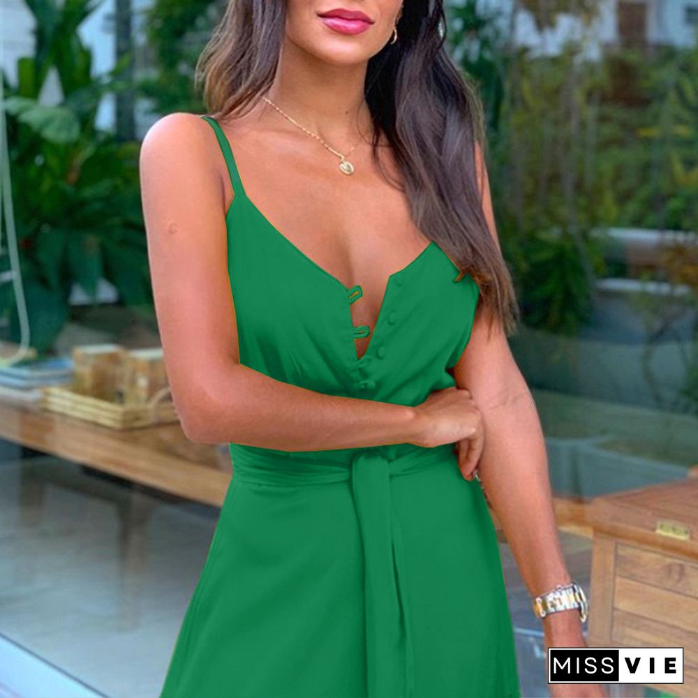 V Neck Button White Beach Dress Belt High Waist Casual Vintage Vestidos Summer Women Holiday A Line Sling Party Long Dress Femme