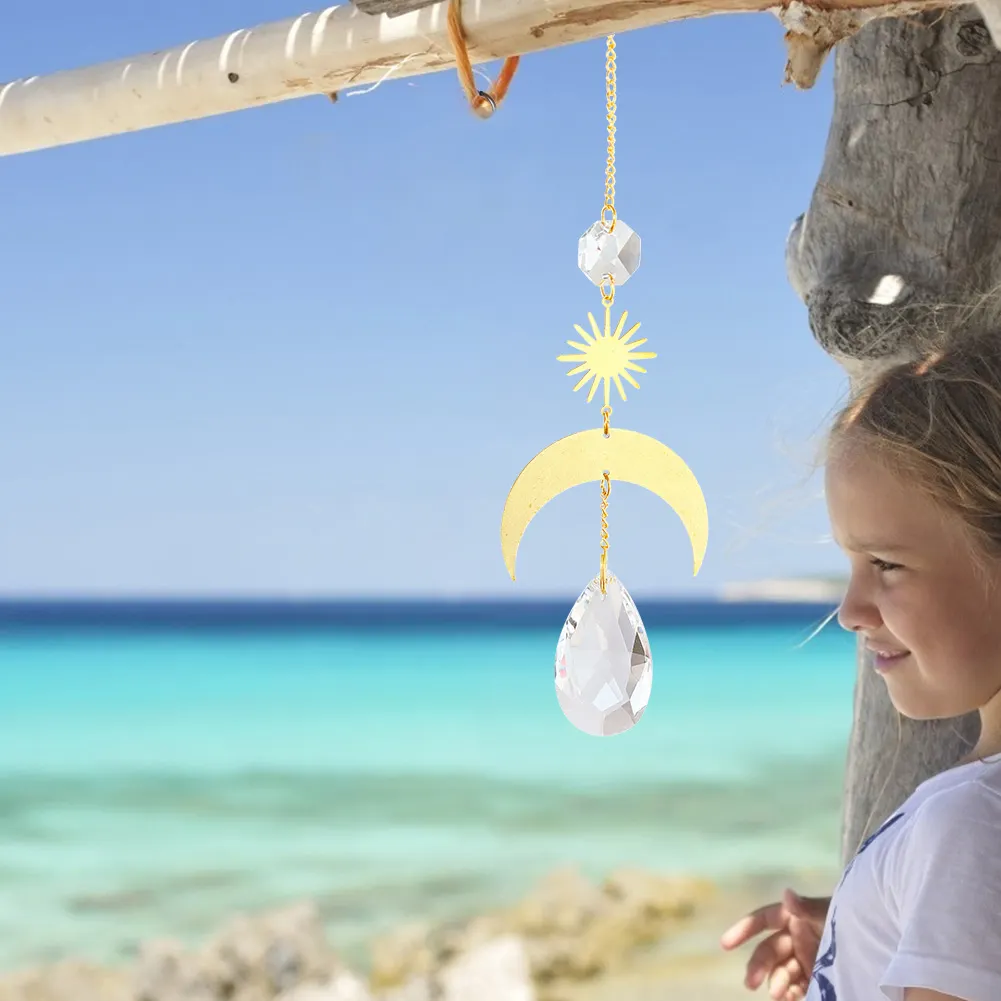 Hanging Crystal Light Catcher Metal Moon Sun Garden Wall Wind Chime (60)