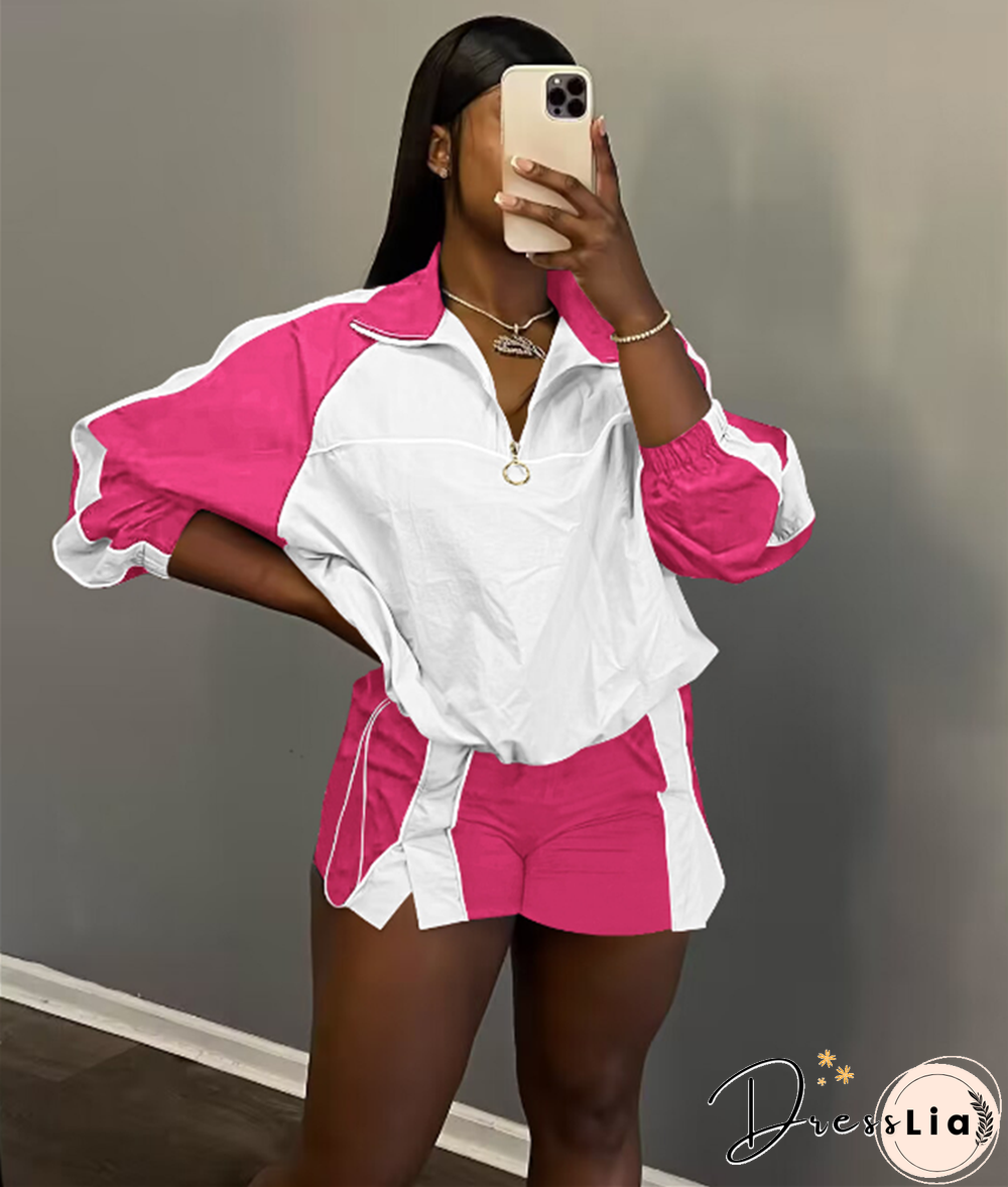 Color Patchwork Sportswear Two Piece Shorts Set