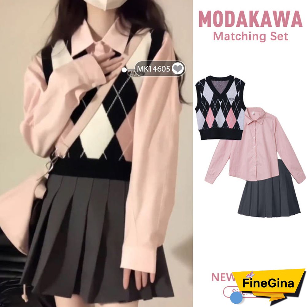 Colorblock Rhombus Print V-neck Vest Long Sleeve Shirt Pleated Skirt