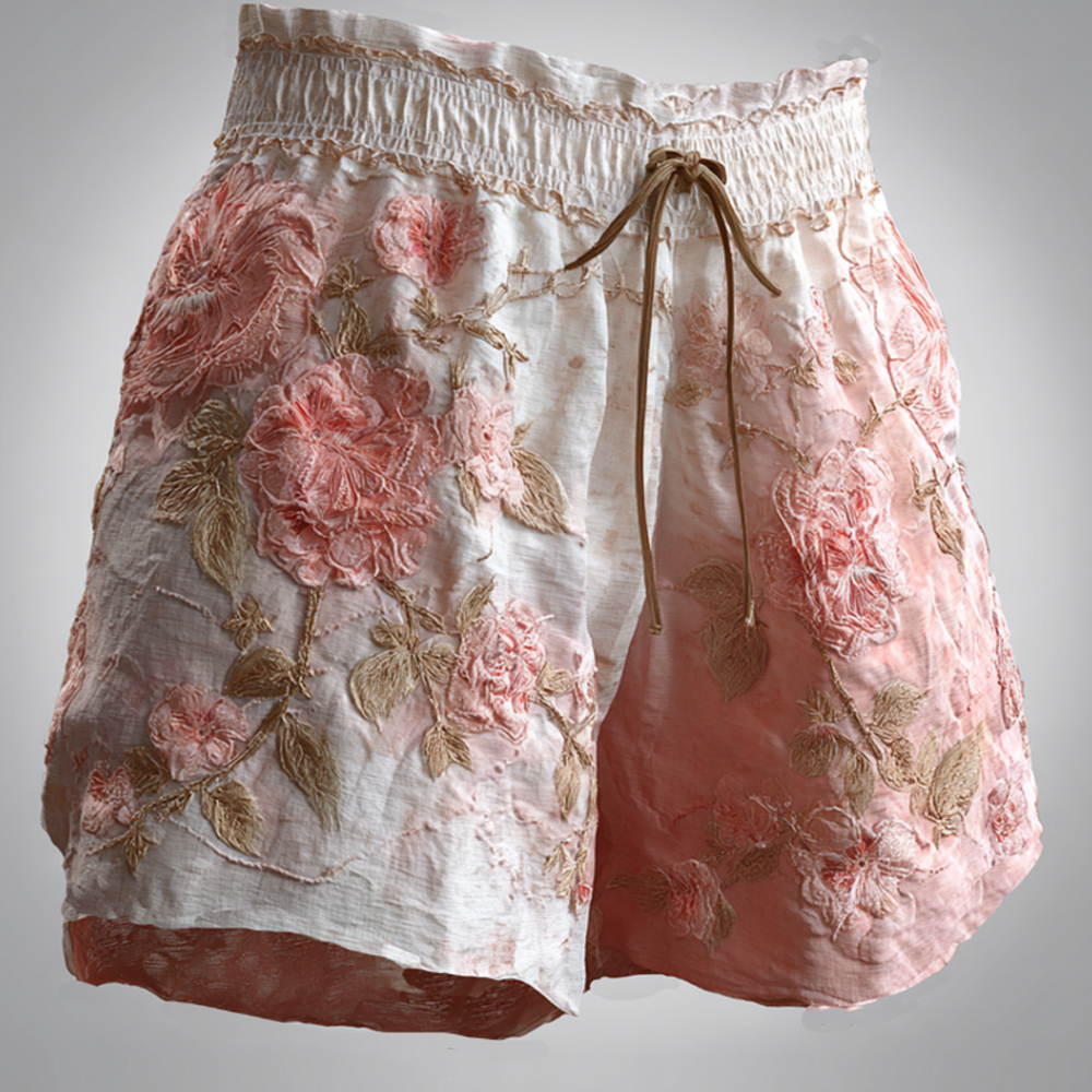 Vintage Pink Rose Art Embroidery Washed Shorts elevenforest