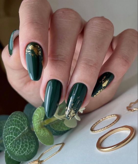 Elegant Emerald Green Nails Designs For You, green and gold nails