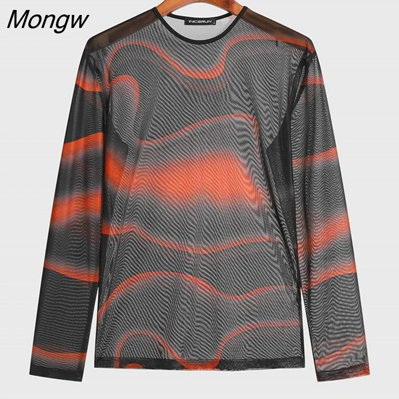 Mongw 2023 Fashion Men T Shirt Printing Mesh See Through O-neck Long Sleeve Sexy Camisetas Streetwear Leisure Tee Tops S-5XL