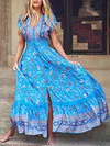 Split-Side Floral Printed Short Sleeves Maxi Dress