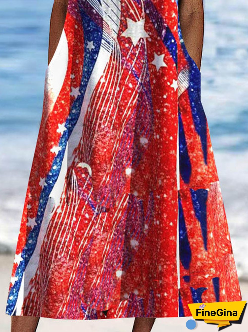 Women's Short Sleeve Scoop Neck Graphic National Flag Pockets Midi Dress