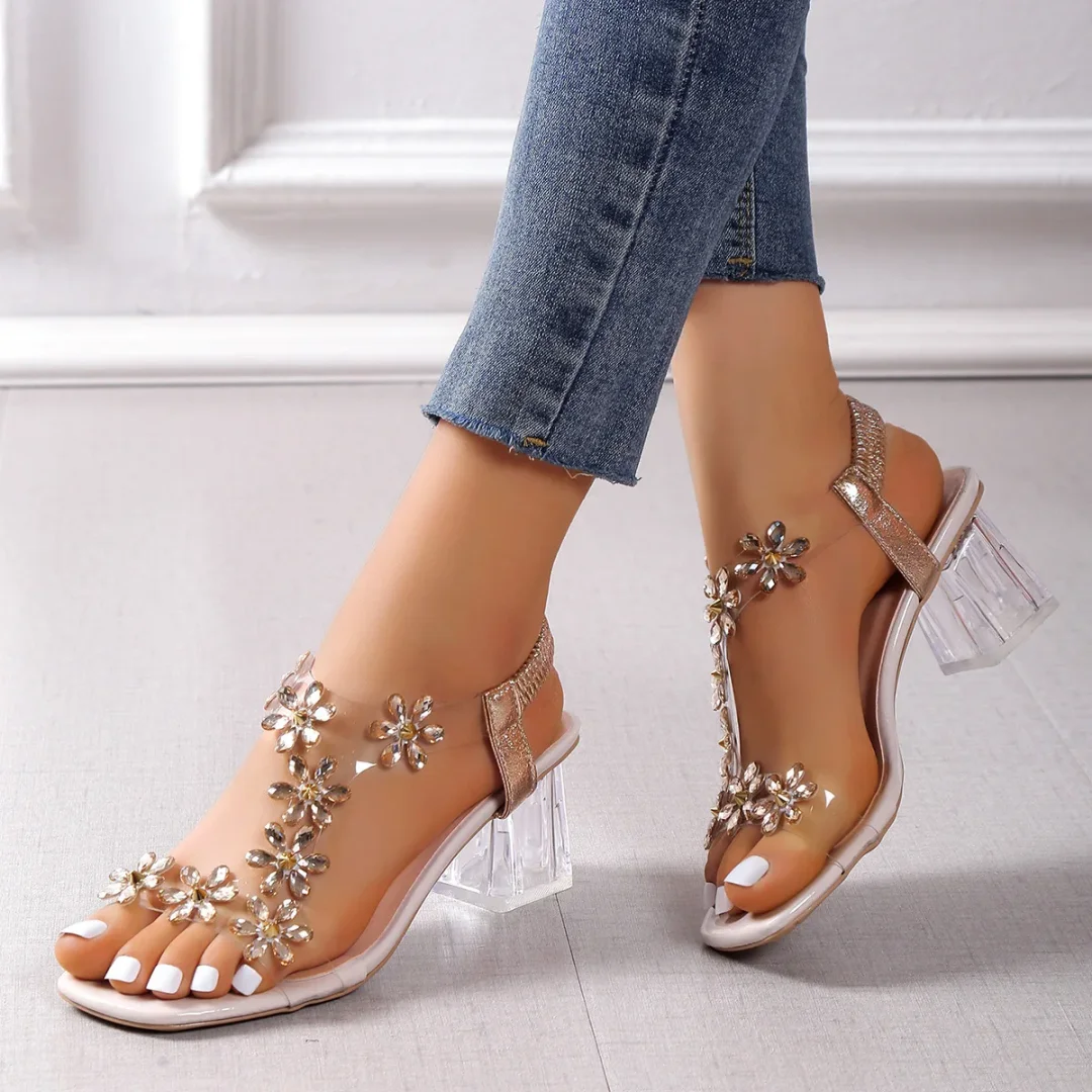 Tanguoant Tanguoant Women;s Sandals Pvc Crystal Flower Shoes for Women Decoration Chunky Heel Sandals Ladies Back Strap Fashion Shoes Female2024