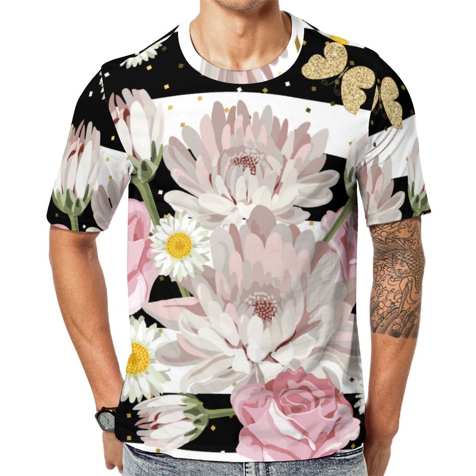Gold Butterflies Roses Daisies Floral Striped Short Sleeve Print Unisex Tshirt Summer Casual Tees for Men and Women Coolcoshirts