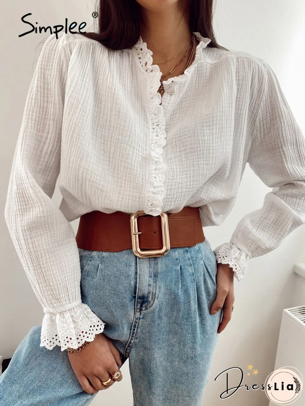 Spring Vintage Womens Long-Sleeve Shirt White Blue Cotton Poet