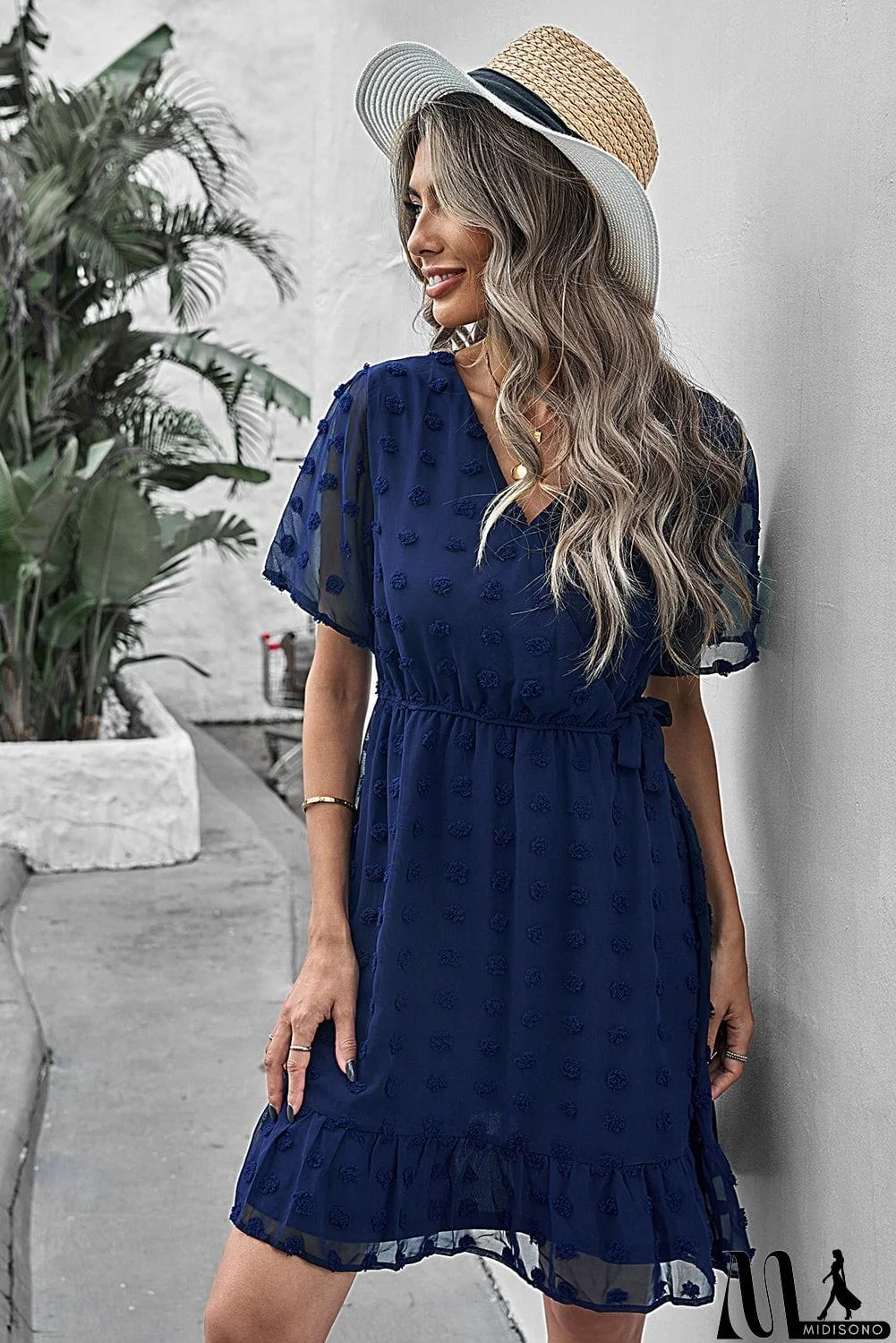 MidiSono - Wrap V Neck Swiss Dot Mini Dress with Ruffles