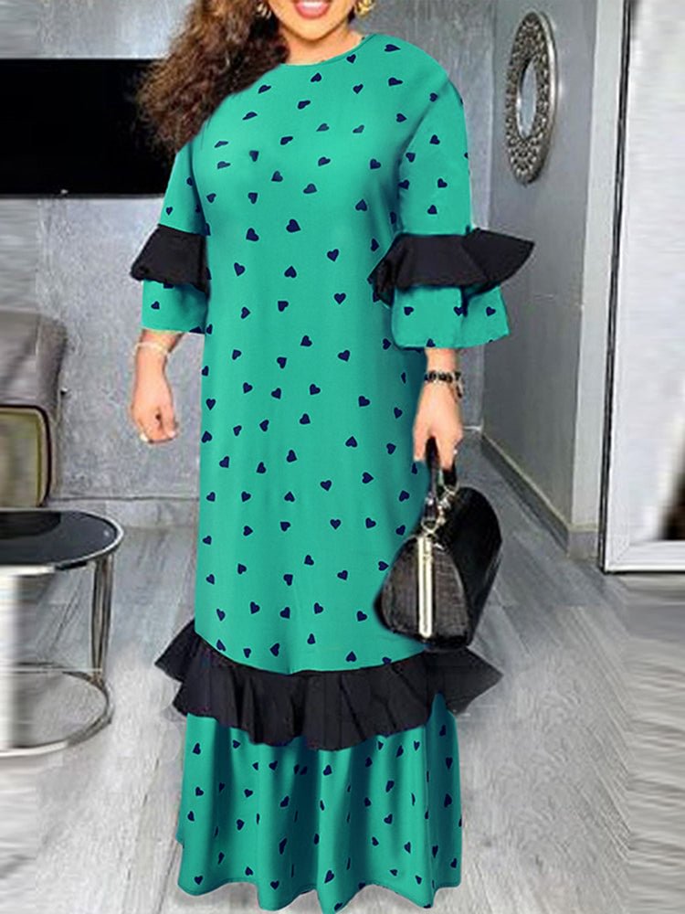 Heart Print Ruffle Stitch Crew Neck Maxi Dress SKUJ38157 QueenFunky