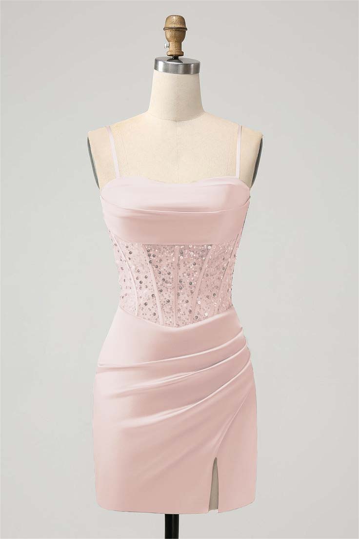  Elegant Sage Green Homecoming Dress Spaghetti Strap Patchwork with Sequins - ohprom