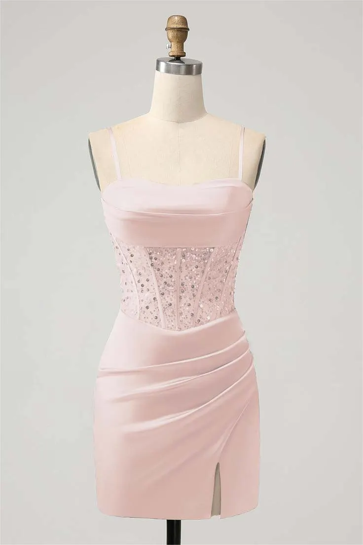 Daisda Mint Green Spaghetti Strap Sleeveless Pleated Short Homecoming Dress  with Sequins