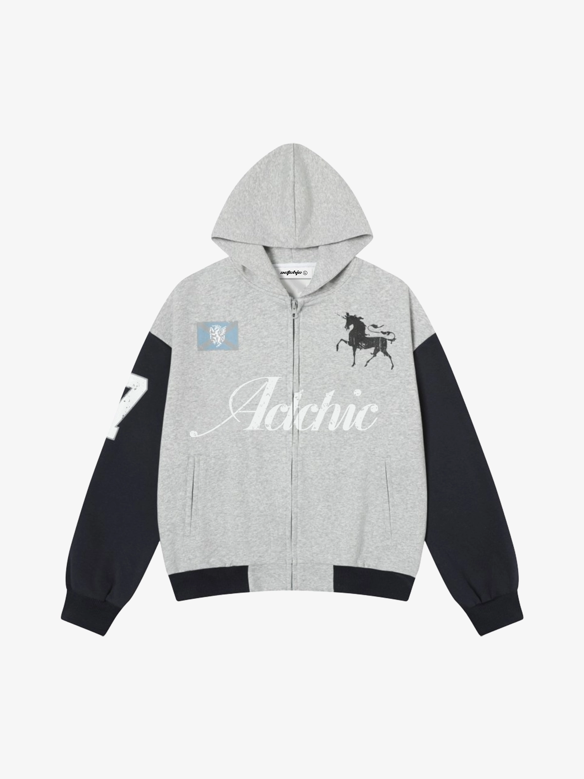 Grey Act Chic Distressed War Horse Print Zip-Up Hoodie Front