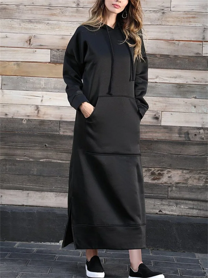 Autumn and Winter New Loose Big Yards Knitted Hooded Long Dress Padded Sweater Casual Fashion Dress Big Pockets Skirt-Cosfine