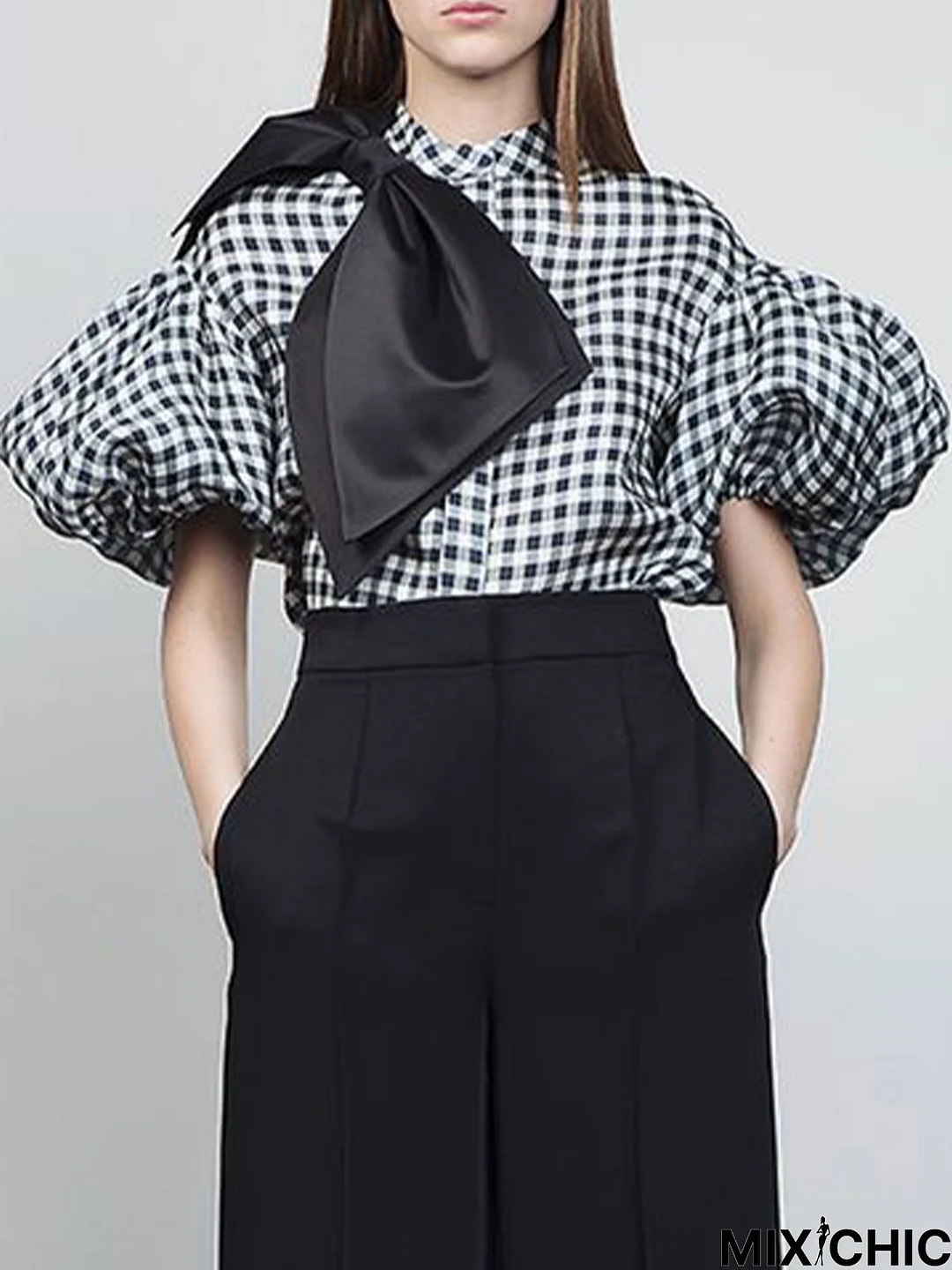 Balloon Sleeve Shift Checkered/Plaid Top