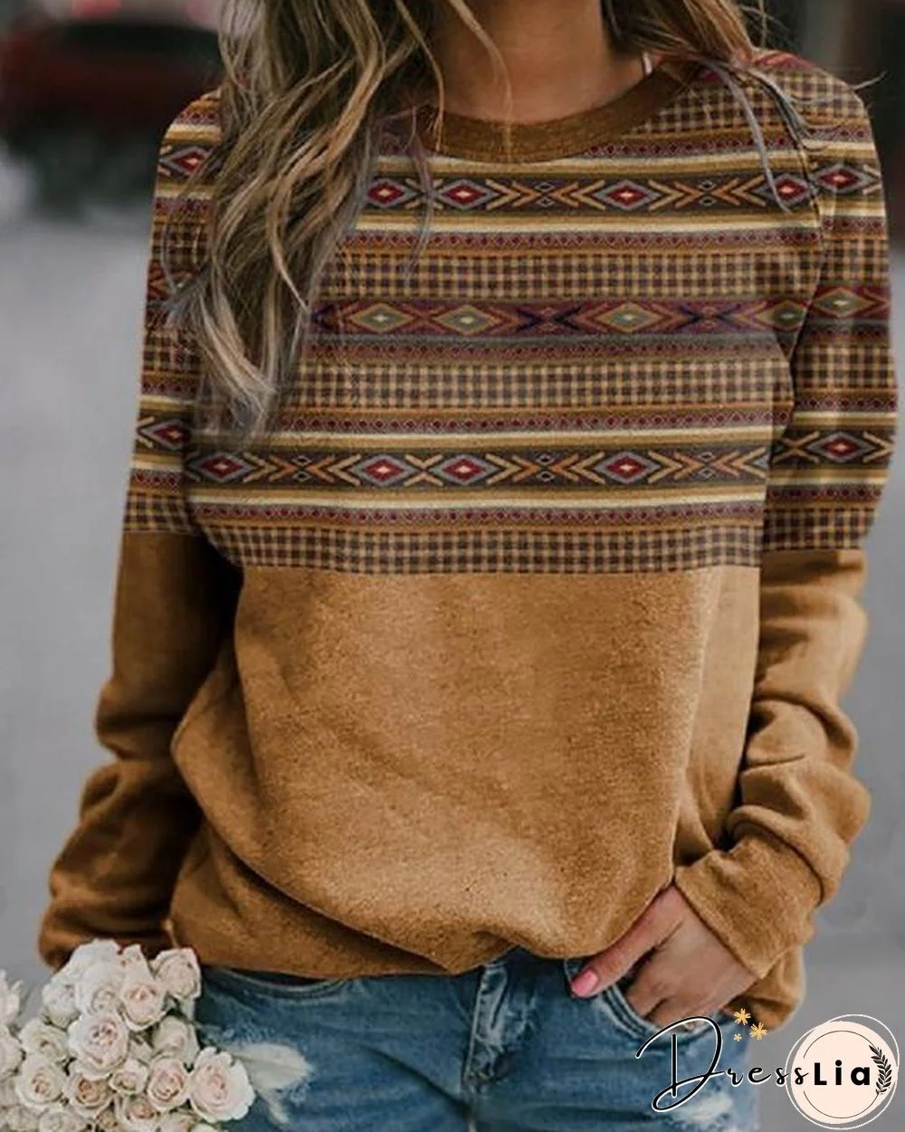 Printed Long Sleeve Crew Neck Top