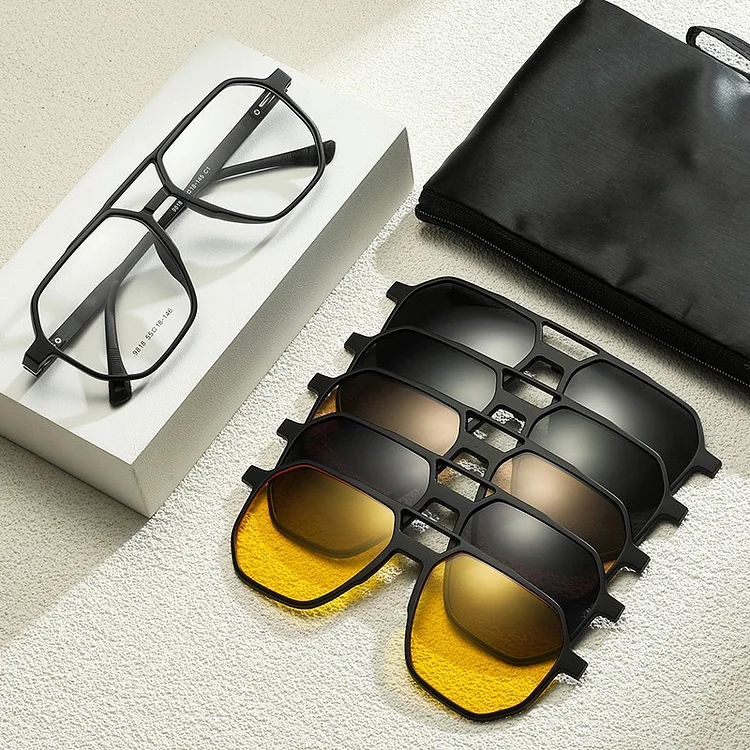 Demandernyc Men 5 in 1 Polarized Magnetic Sunglasses Set TR90 Frame Suction Retro Sun Glasses Women Driving Night Vision Goggles