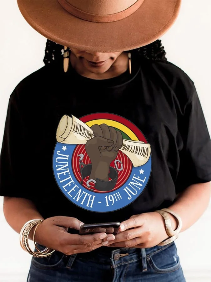Women's Black Juneteenth African Print Crew Neck Short Sleeve T-Shirt 
