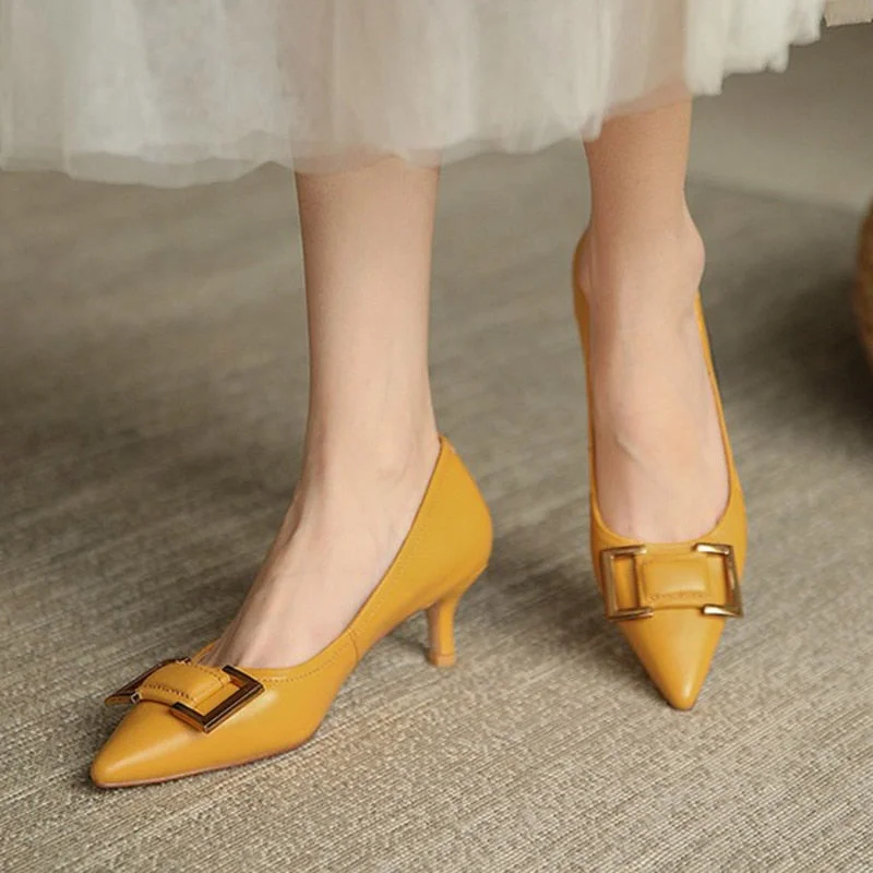 5cm Ol Office Lady Shoes Pointed Toe Pumps Women Dress Shoes Yellow High Heels Thin Heeled Ladies Shoes zapatos mujer 9067N