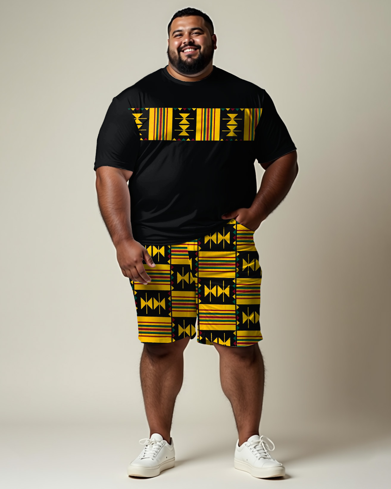 African Traditional Color Patchwork Printed T-Shirt Shorts Suit Men's Plus Size