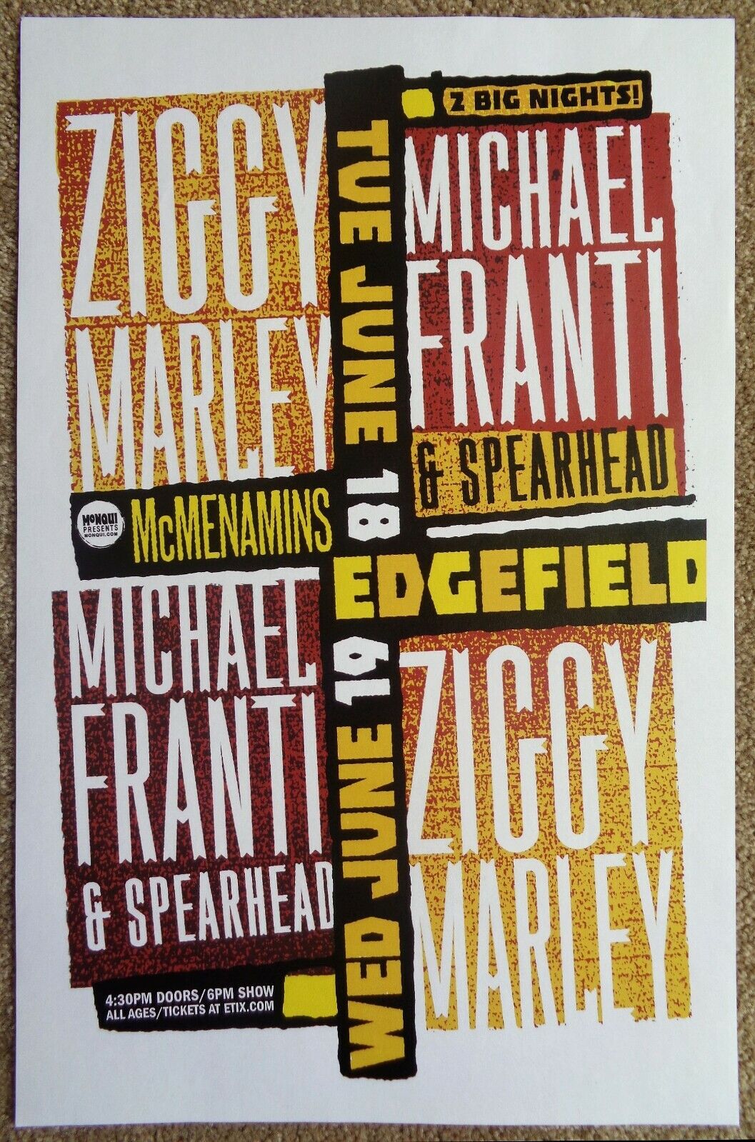 ZIGGY MARLEY 2019 Gig POSTER Edgefield Oregon Concert MICHAEL FRANTI SPREARHEAD