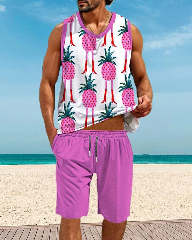 Men's Casual Resort Printed Vest Set 006