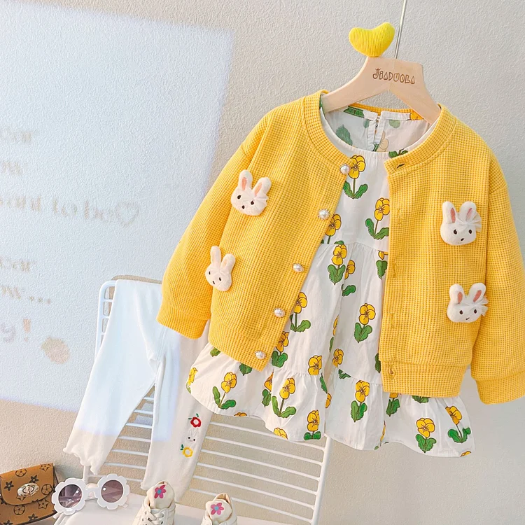 3pcs Cardigan +Dress+Knit Pants Baby Girl Rabbit and Floral Graphics