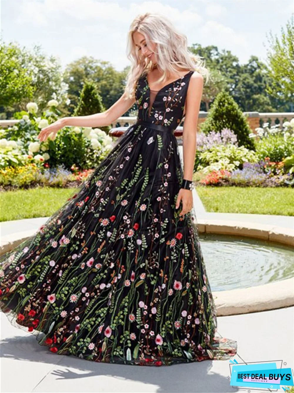 Sexy Deep V Slim Backless Big Hem Dress Sleeveless Embroidered Long Dress