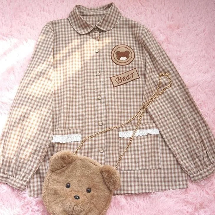 Mori Girl Cute Bear Plaid Preppy Style Long Sleeve Shirt SP15506