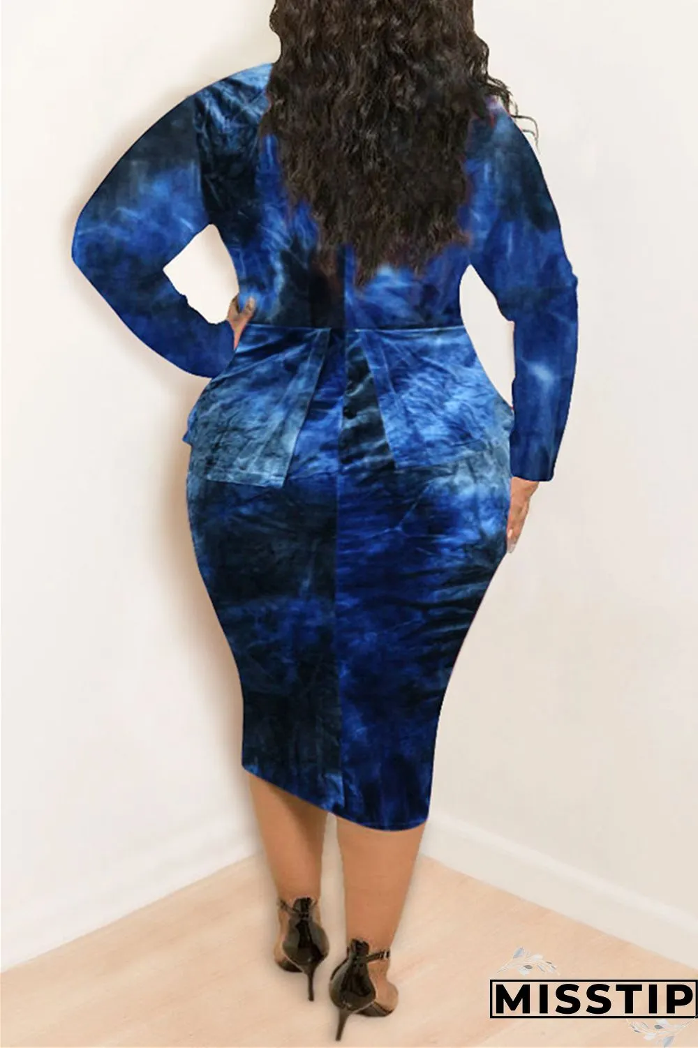 Purple Fashion Casual Plus Size O Neck Long Sleeve Regular Sleeve Print Tie Dye Printed Dress