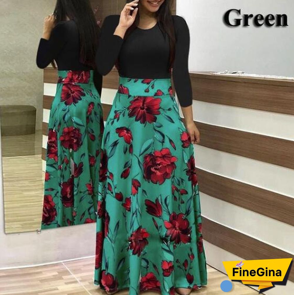 Women's Fashion Causal Dress Long Sleeve Printed Dress High Waist Long Dress Plus Size S-5XL