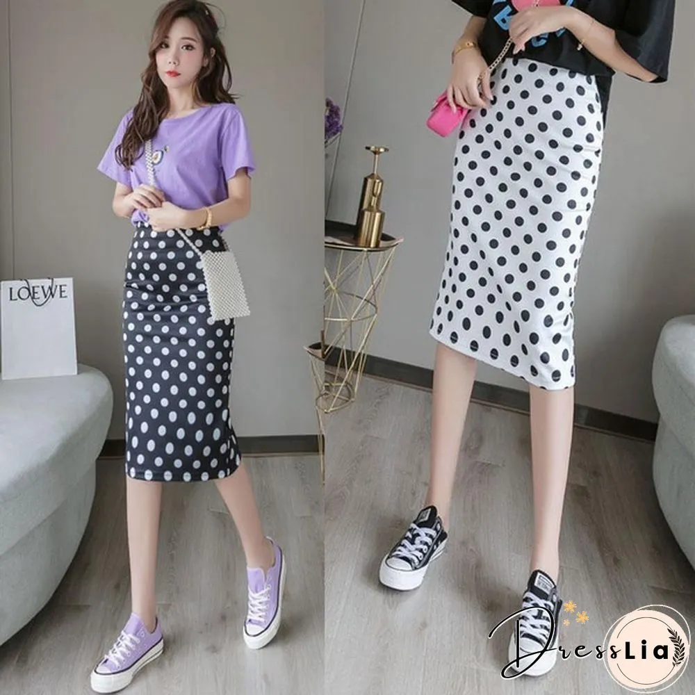 Summer New Polka Dot High Waist Skirt Mid-Length Slit Bag Hip Skirt Female Plus Size Skirts Womens Print Casual