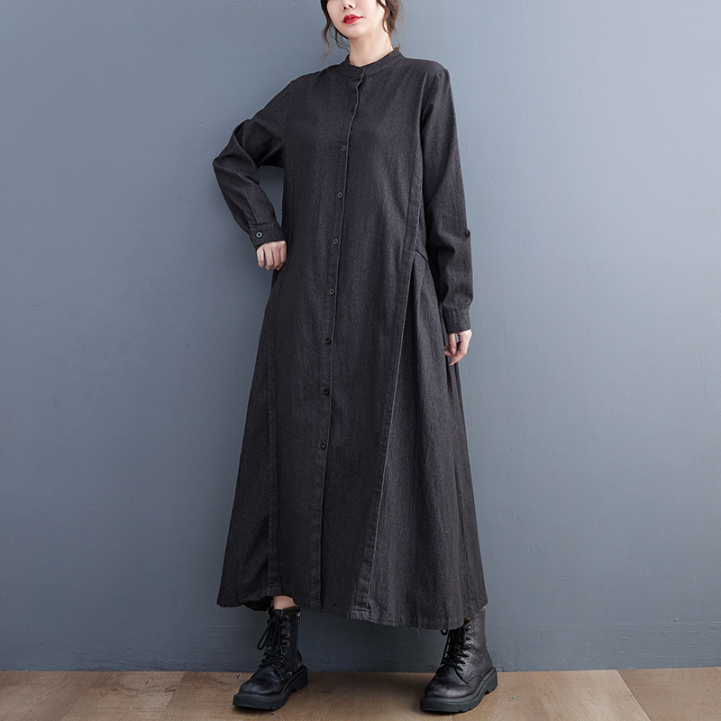 Loose Pleated Stand Collar Denim Midi Dress