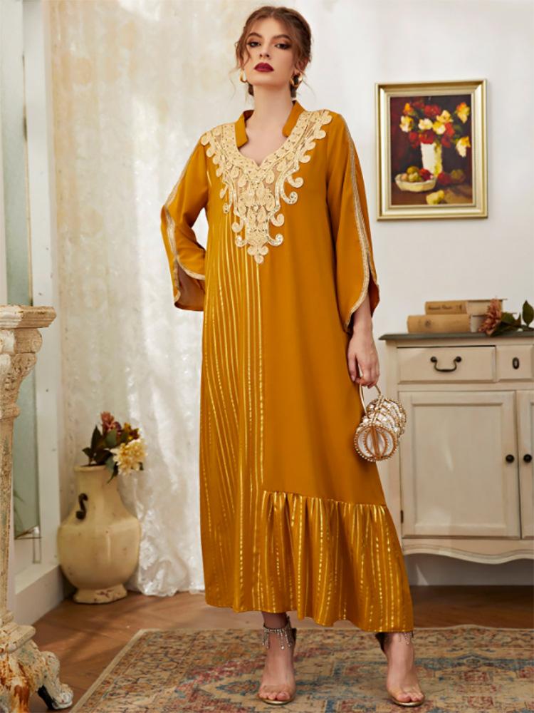Chiffon Embroidery Print Lotus Sleeve Stand Collar Gown | Oxredo Shop Ramadan Sale