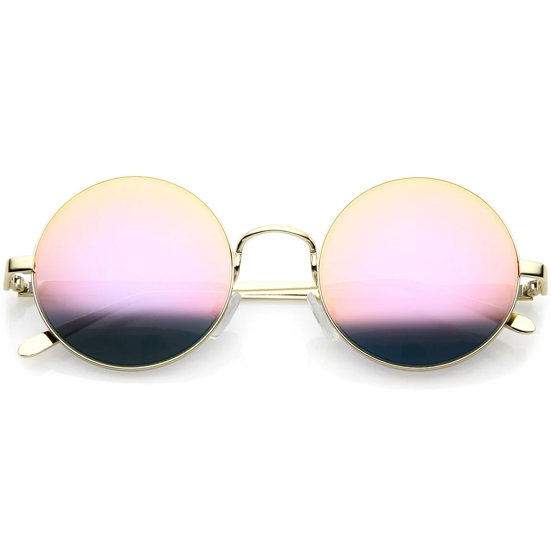 Premium Retro Round glasses With Metal Frame Slim Arms Colored Mirror Lens 52mm