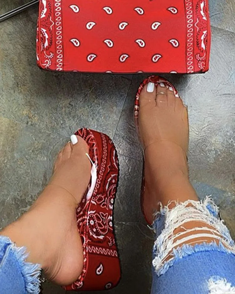 Thick Bottom Satin Cashew Flower Flat-shaped Transparent Slippers