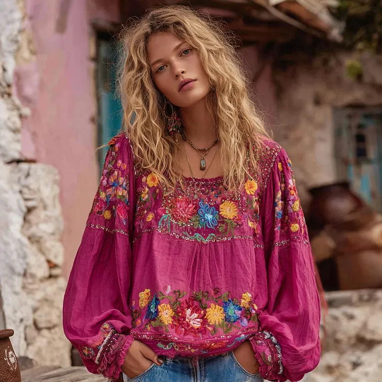 Women's Bohemian Floral Embroidery Art Linen Blend T-shirt