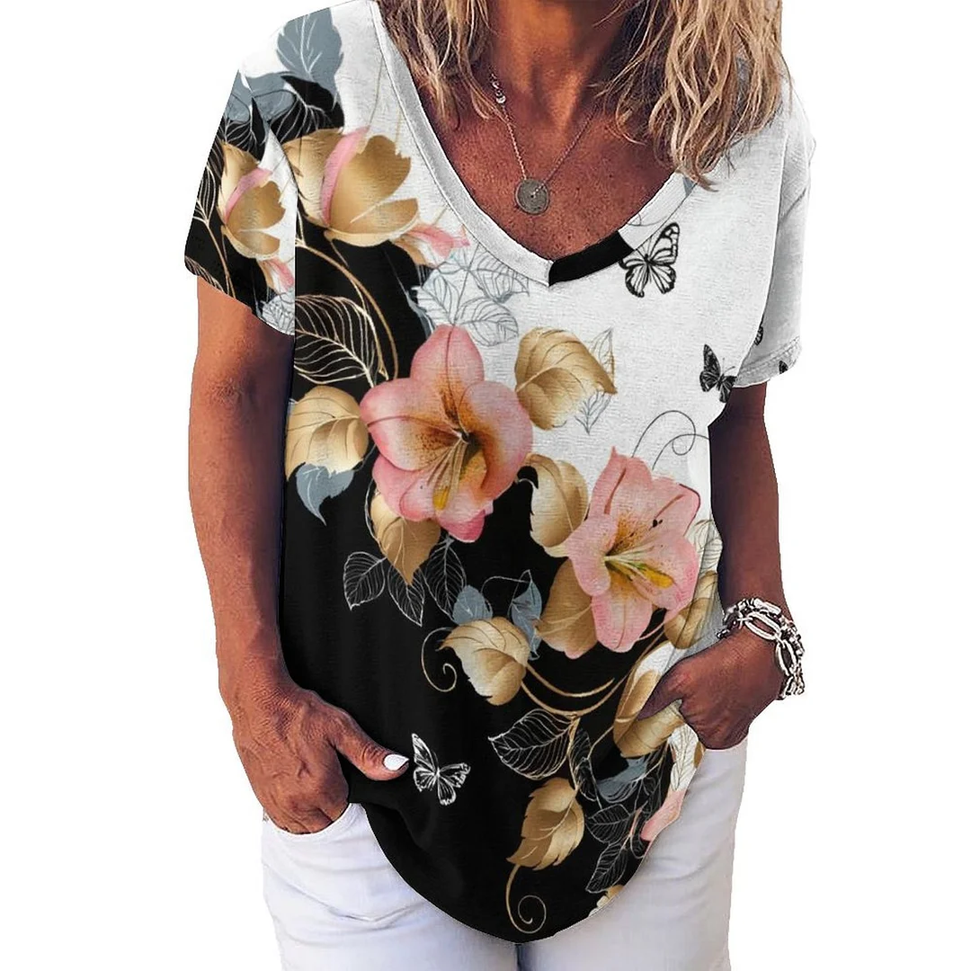 V-neck Short Sleeve Casual T-shirt for  Women Printed with Pattern Floral, Golden, Black, Pink
