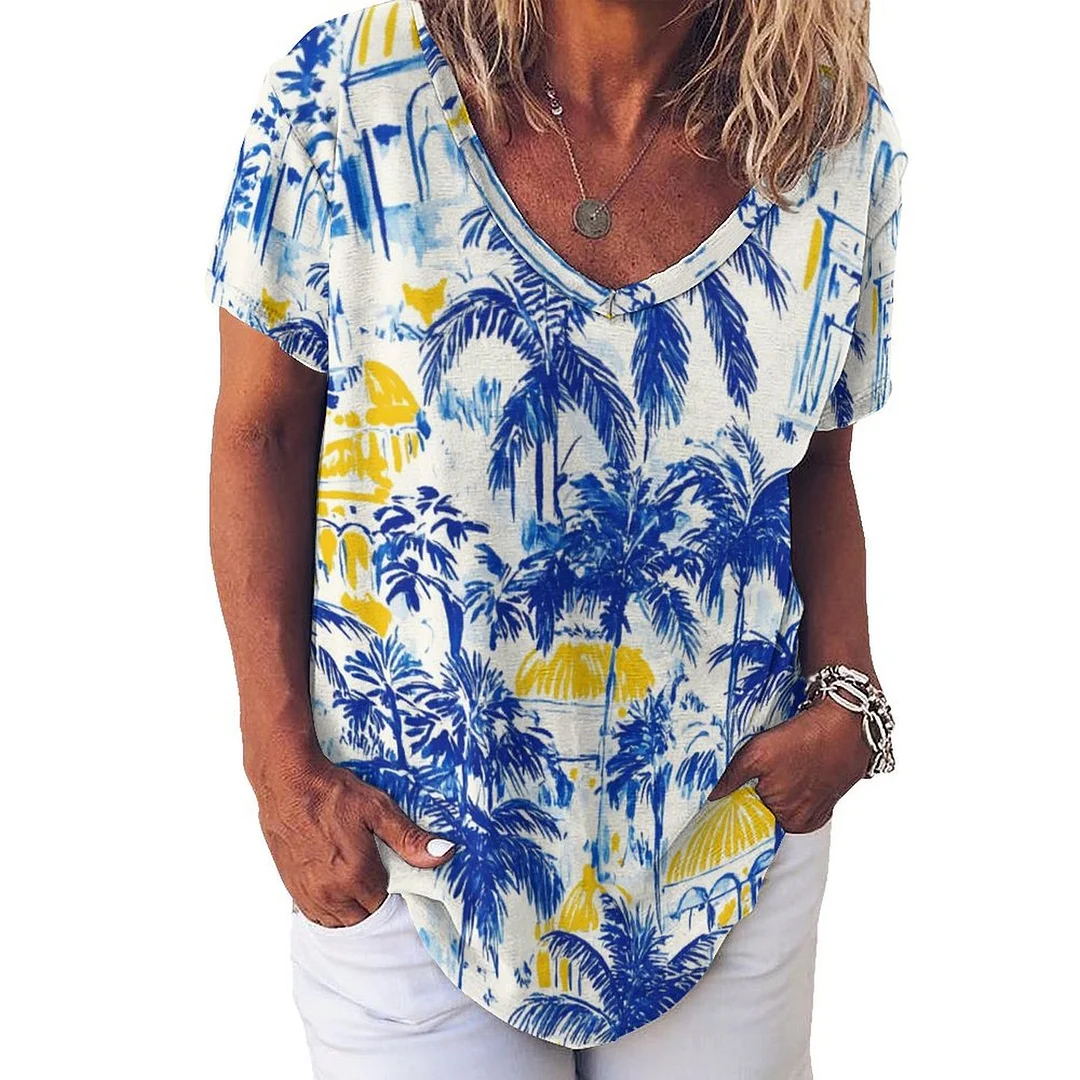 V-neck Short Sleeve Casual T-shirt for  Women Printed with Pattern Tropical, Summer, Blue