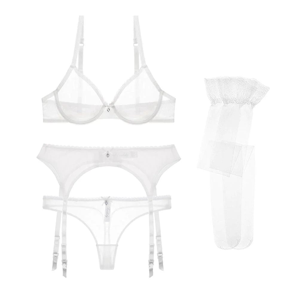 Uaang sexy ultra-thin transparent yarn lingerie set bras+garters+thongs+stockings 4 pcs for young women