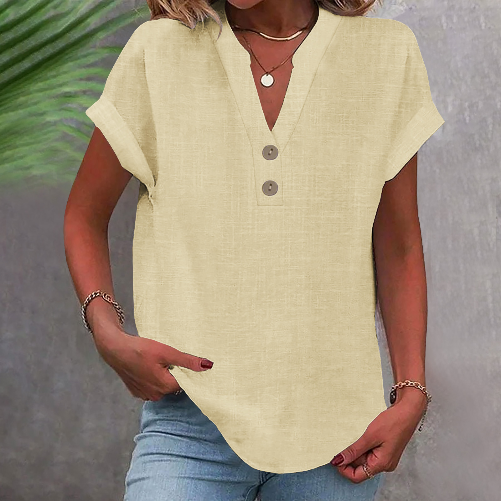 Mature Women Stand Collar Button Short Sleeve Shirt Plus Size Top