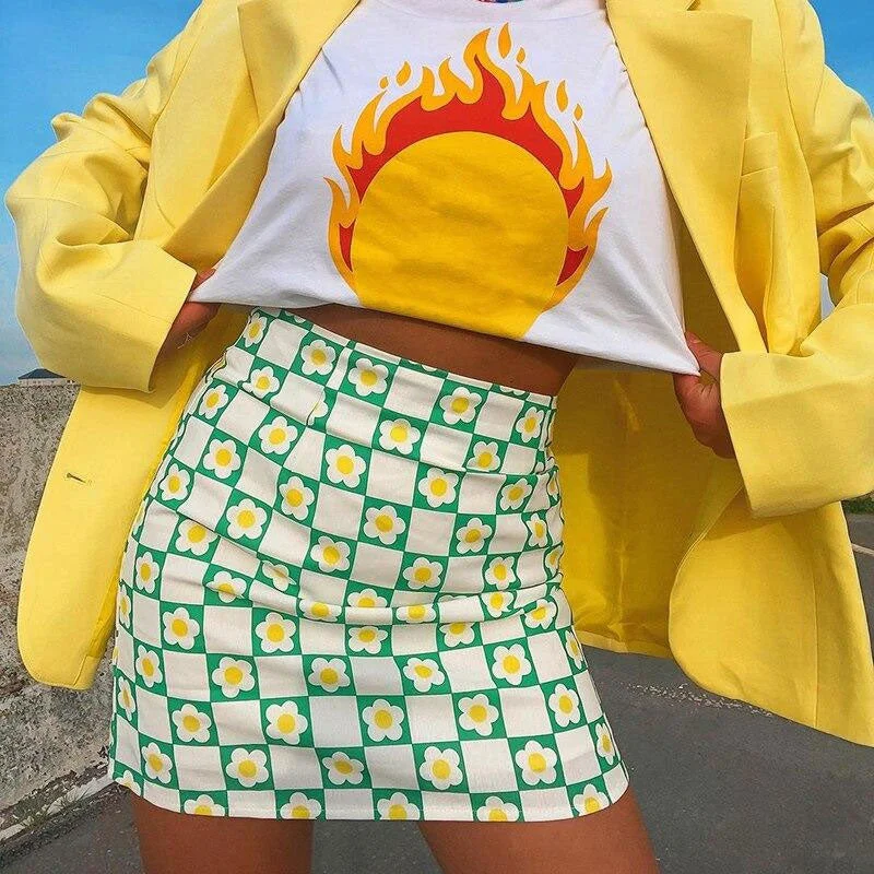 Summer Floral Plaid Printed High Waist Bodycon Mini Skirt - Green