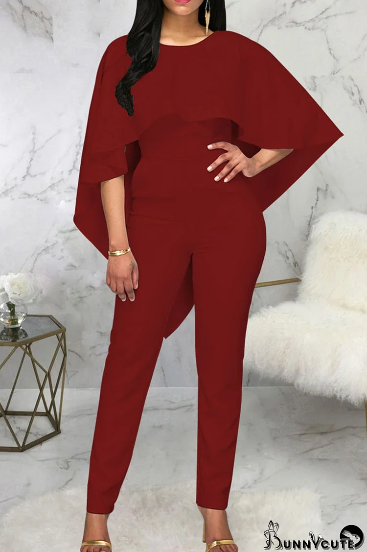 Red Sexy Solid Patchwork Backless Flounce O Neck Regular Jumpsuits