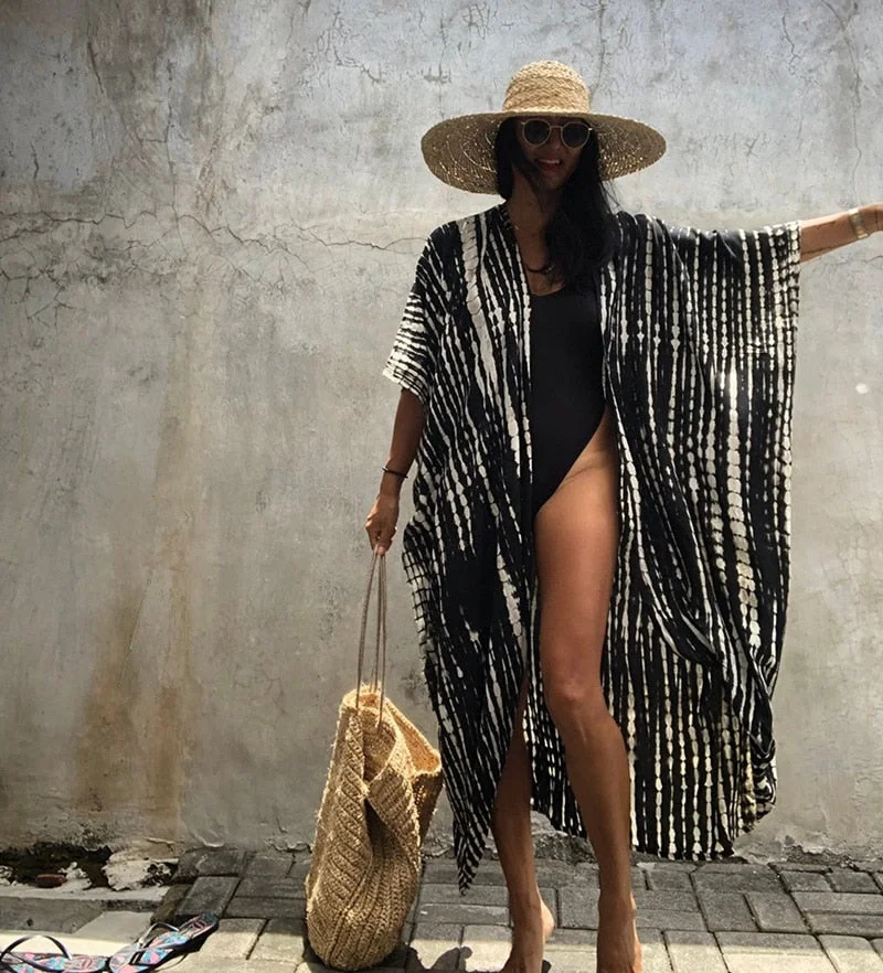 Fitshinling Summer Vintage Kimono Swimwear Halo Dyeing Beach Cover Up With Sashes Oversized Long Cardigan Holiday Sexy Covers