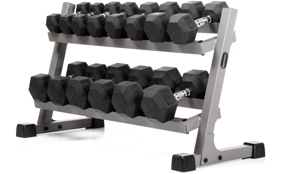 XMark 2-Tier Dumbbell Rack and a 380 lb Set of XMark Premium Quality, Rubber Coated Hex Dumbbells