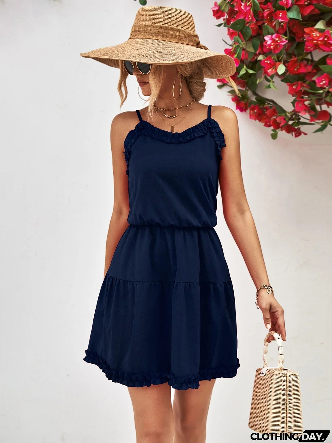 Frill Trim Spaghetti Strap Mini Dress